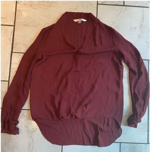 Max Studio Blouse Top Burgundy V-Neck Long Sleeve Wrap High- Low Hem Top